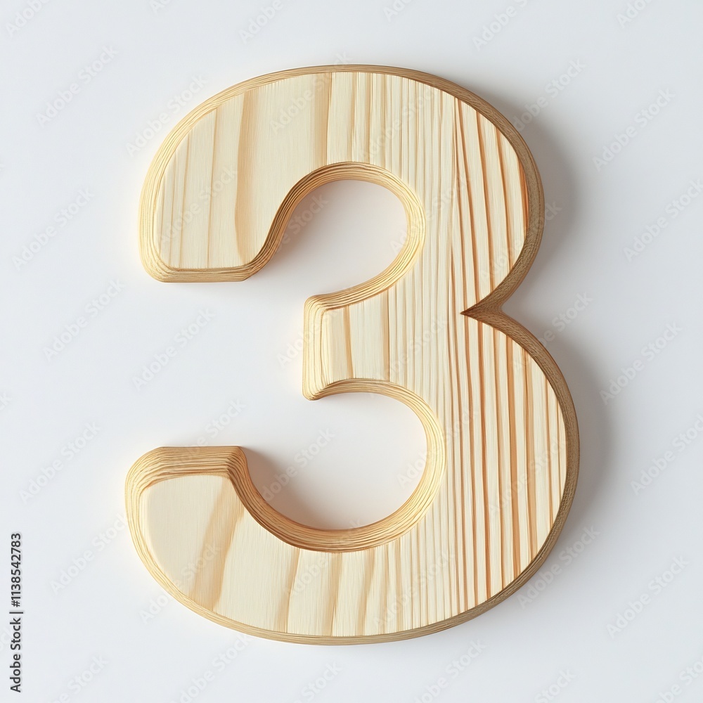 Minimalist Wooden Number Three on Clean White Background Minimalist Wooden Number Three on Clean White Background