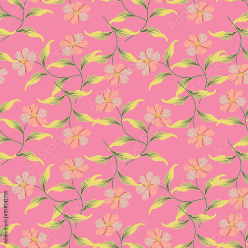 Flower garden wallpaper design vector prepared for textile printing. Seamless floral pattern with abstract hand drawn flower and leaf background elements in purple