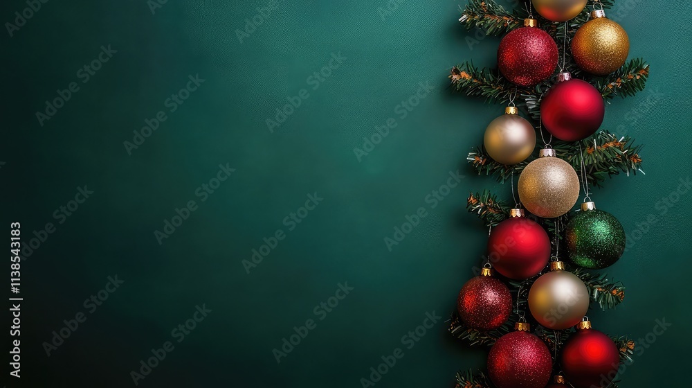 Christmas tree ornaments arranged vertically on a dark green background Christmas tree ornaments arranged vertically on a dark green background