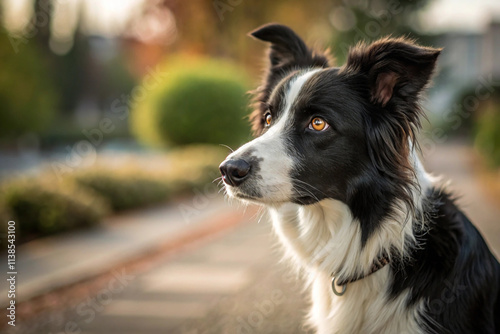 close up vibrant Border Collie with an intense gaze and neatly trimmed fur, softly blurred contemporary park or garden, soft, natural accentuating the dog s sleek coat photo