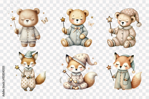 Set of watercolor sleeping bear and fox.