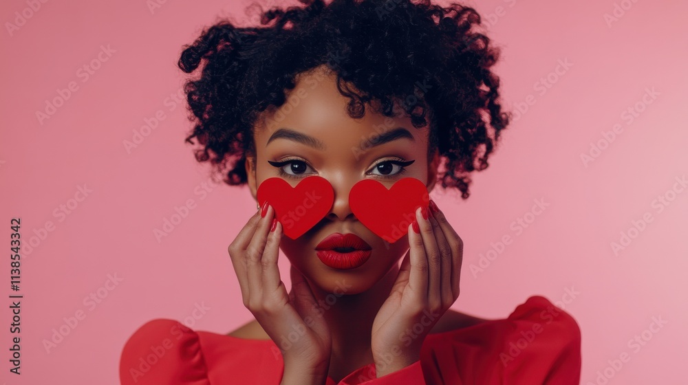 Stylish black woman holding red cutouts in front of her eyes on a pink background, for Valentine's Day celebration. Stylish black woman holding red cutouts in front of her eyes on a pink background, for Valentine's Day celebration.