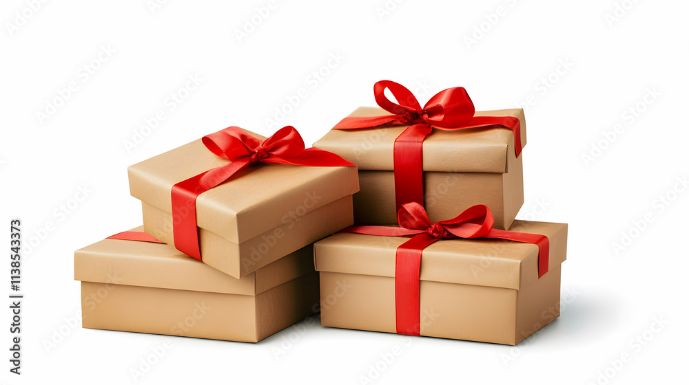 Gift boxes wrapped in red ribbons, presented in eco-friendly paper on a white background. Gift boxes wrapped in red ribbons, presented in eco-friendly paper on a white background.