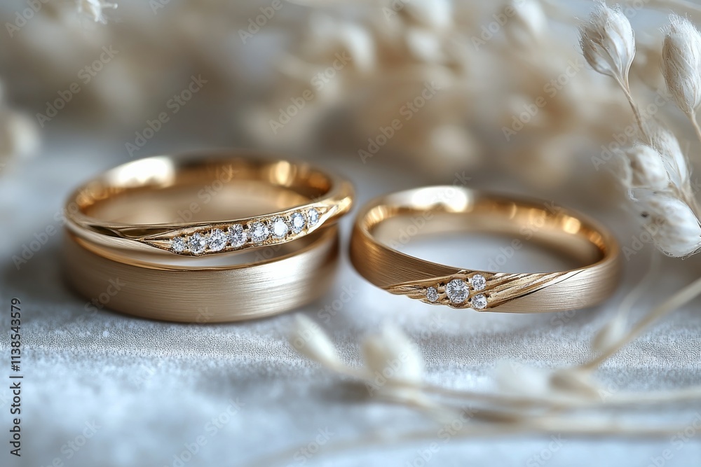 Elegant golden wedding rings with diamonds displayed on a soft fabric background Elegant golden wedding rings with diamonds displayed on a soft fabric background