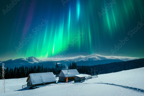 Canvas Print A winter scene with a solitary wooden cabins in snowy mountains under incredible night sky with Northern lights