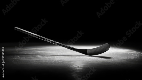 A hockey stick blade hovering on a sleek black background, highlighted by a soft spotlight for contrast.