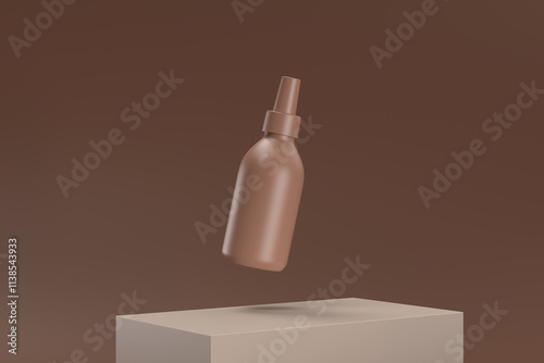 A bottle of perfume is floating in the air above a brown background
