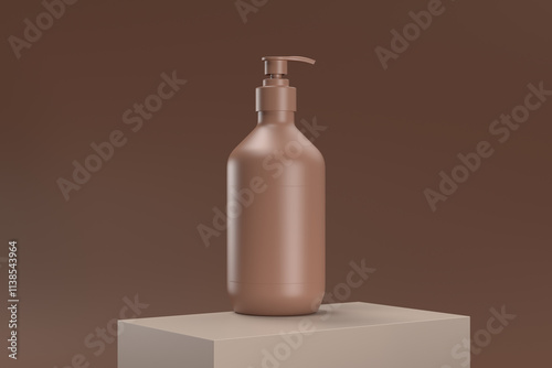 A bottle of lotion is sitting on a brown surface