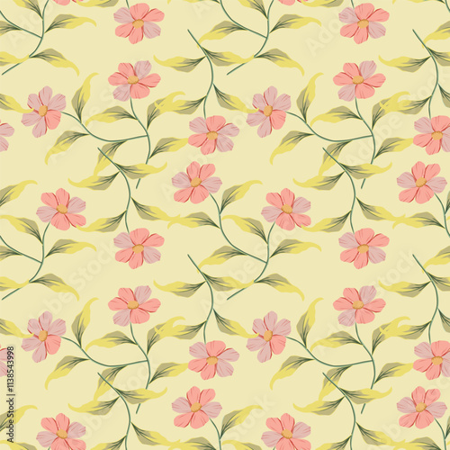 Flower garden wallpaper design vector prepared for textile printing. Seamless floral pattern with abstract hand drawn flower and leaf background elements in purple