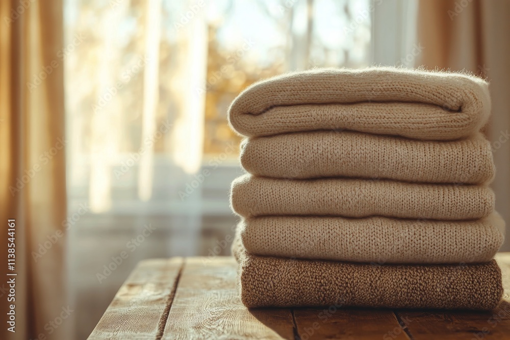 Stacked soft neutral sweaters on a wooden table in a warm sunlight atmosphere Stacked soft neutral sweaters on a wooden table in a warm sunlight atmosphere