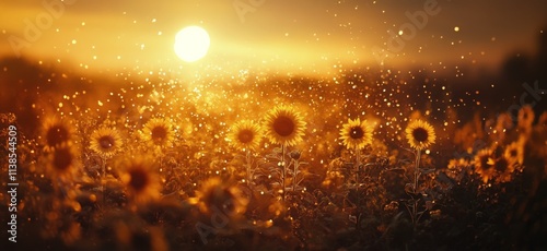 Sunflower field glowing under sunset with warm light and shimmering particles in the air