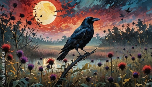 An illustration of a black raven at night with red colors giving an ominous vibe.