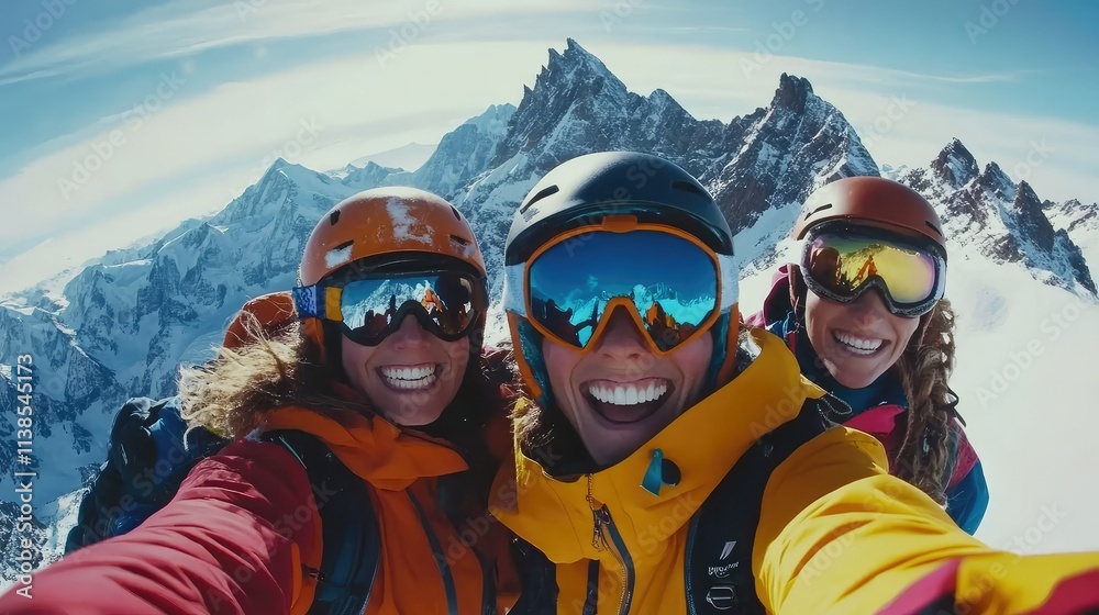 Three joyful friends celebrating their mountaineering achievement at a stunning snowy peak, showcasing friendship and adventure in an exhilarating winter landscape. Three joyful friends celebrating their mountaineering achievement at a stunning snowy peak, showcasing friendship and adventure in an exhilarating winter landscape.