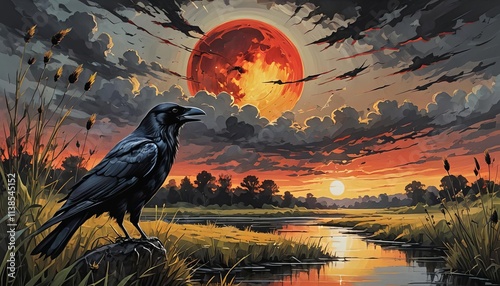 An illustration of a black raven at night with red colors giving an ominous vibe.