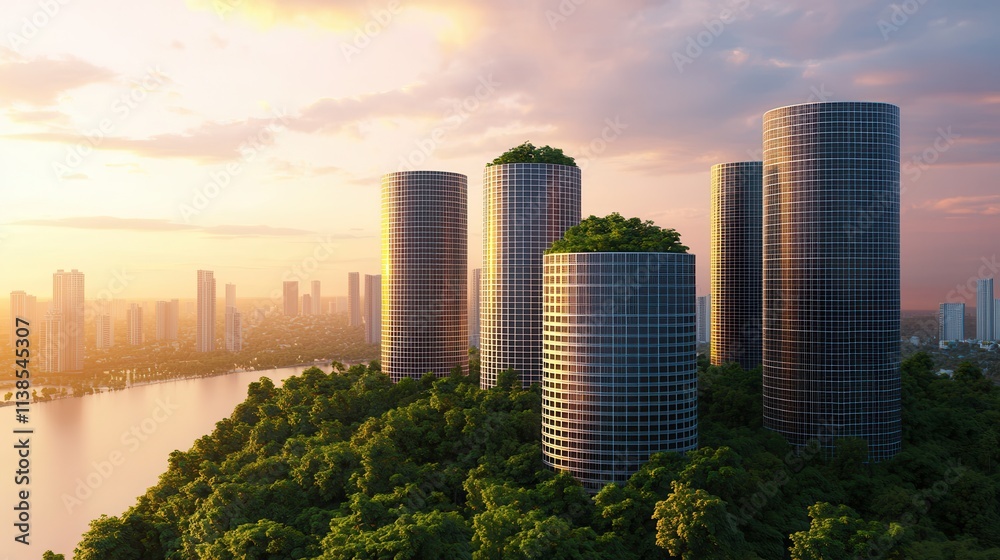 Obraz premium Symbolic Visual Concept. Eco-Friendly Solar Powered Architecture in a Lush Green City with Modern Skyscrapers Surrounded by Nature Under a Beautiful Sunset