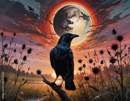 An illustration of a black raven at night with red colors giving an ominous vibe.