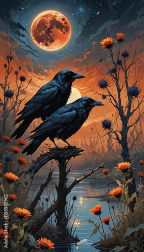 An illustration of a black raven at night with red colors giving an ominous vibe.