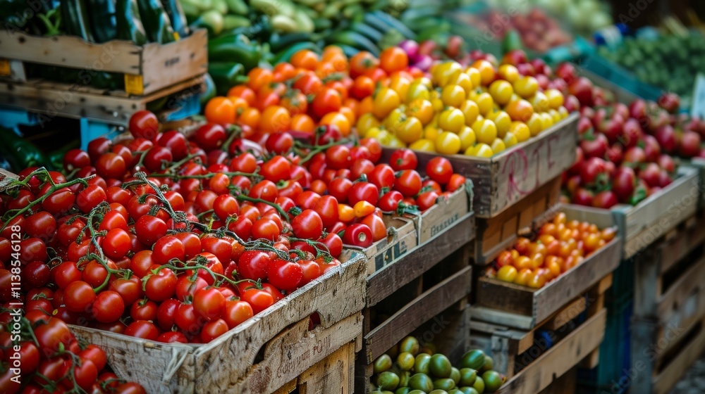 Fresh tomatoes and peppers at a vibrant farmers market