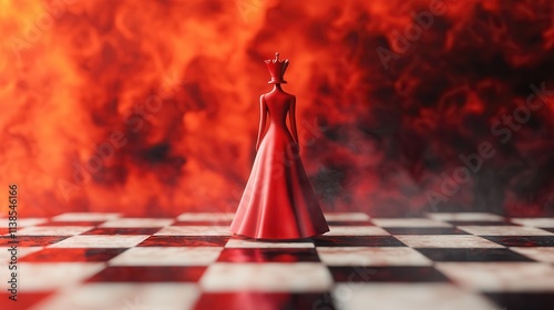 Symbolic Visual Concept. Red Queen Chess Piece Symbolizing Power and Strategy on a Molten Chessboard Surrounded by Fiery Atmosphere and Dark Background