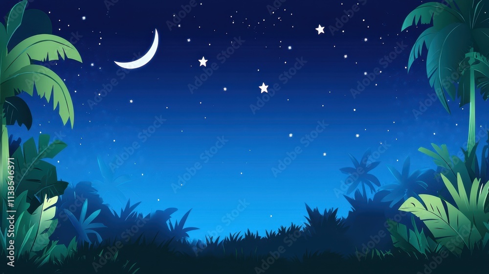 Serene Night Sky with Stars and Moon Over Lush Tropical Landscape Serene Night Sky with Stars and Moon Over Lush Tropical Landscape
