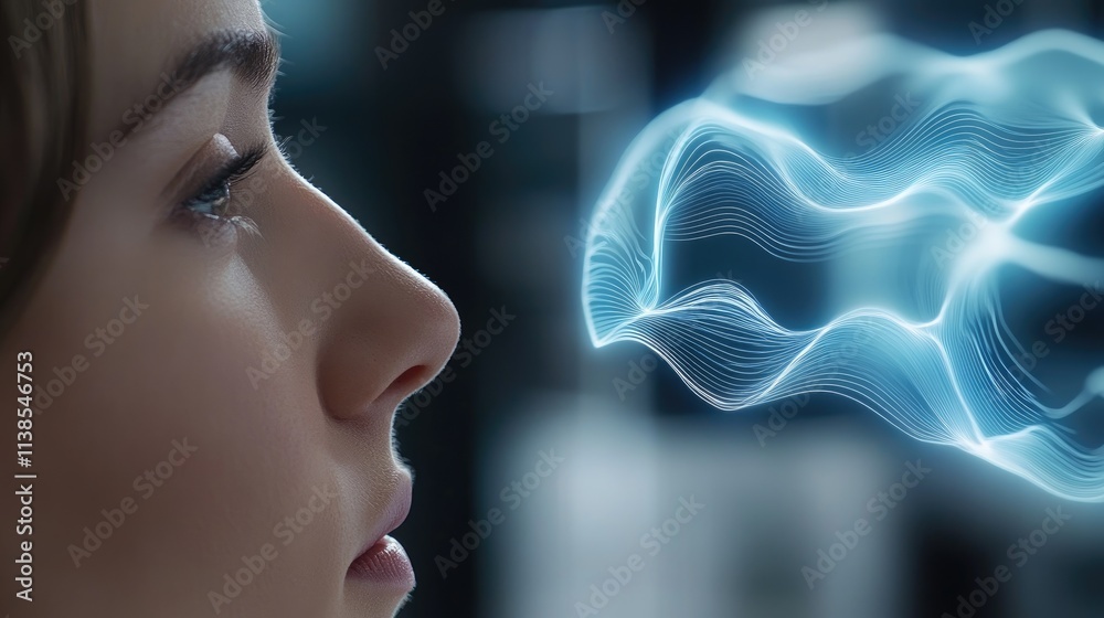 A woman's profile showcases waves and lines emanating from her brain, symbolizing thought flow in a futuristic visual design A woman's profile showcases waves and lines emanating from her brain, symbolizing thought flow in a futuristic visual design