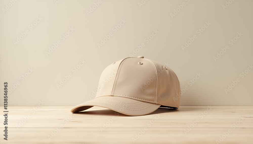 Fashionable beige cap mockup on wooden surface with neutral background Fashionable beige cap mockup on wooden surface with neutral background