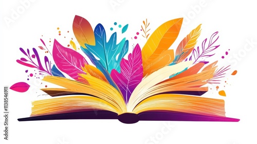 Vibrant Open Book Surrounded by Colorful Leaves and Floral Elements Representing Knowledge, Growth, and Nature in a Creative Abstract Style