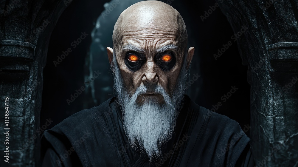 Elderly man with glowing orange eyes and an intense expression, embodying a powerful and mysterious presence in an atmospheric dark setting with ancient architecture. Elderly man with glowing orange eyes and an intense expression, embodying a powerful and mysterious presence in an atmospheric dark setting with ancient architecture.