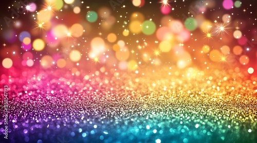Dazzling party background featuring glowing rainbow glitter and sparkling confetti in motion