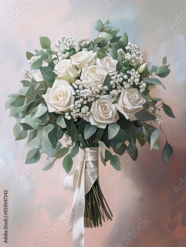 Elegant bridal bouquet featuring white roses and greenery on a soft pastel background