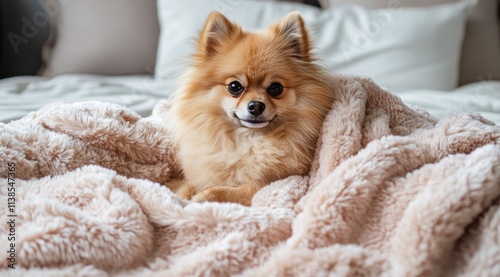 Pomeranian dog resting comfortably on soft blanket in cozy bedroom setting during daylight photo