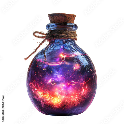 Alchemical bottle filled with magical mana. Wizard flask with spell potion in which lights flash to restore magic power