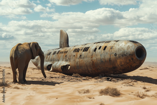 An elephant looking at a rusting submarine in the desert. photo