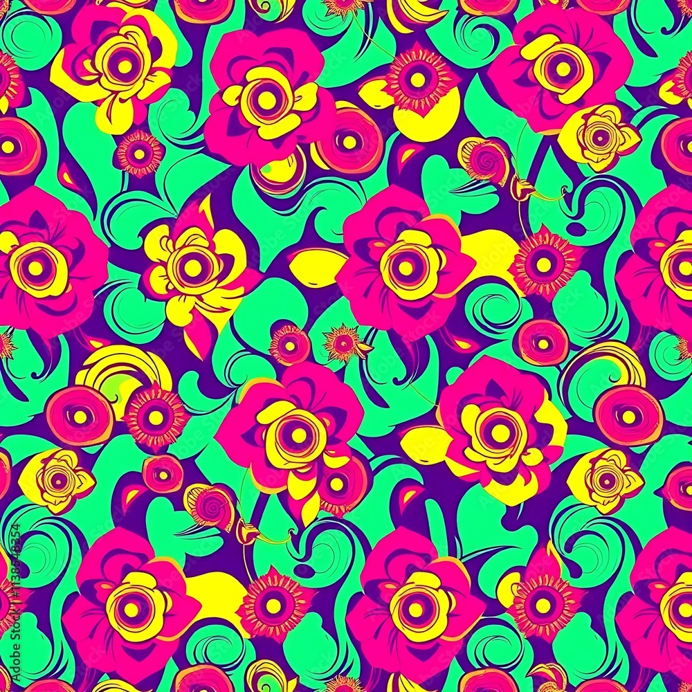 Naklejka premium Psychedelic Floral Pattern: A vibrant and hypnotic seamless pattern of swirling flowers in neon pink, yellow, and green. This bold design is perfect for creating eye-catching backgrounds, textiles.