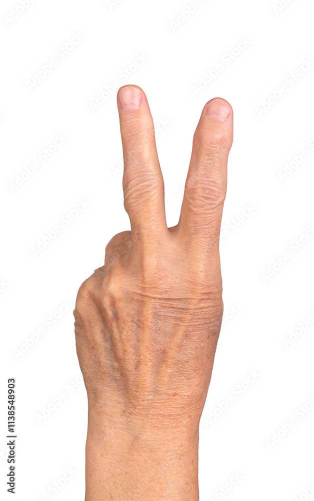 Hand showing a peace sign with two fingers raised, symbolizing victory, love, and freedom. Gesture of success and communication by an elderly woman. Isolated on a clean white. Hand showing a peace sign with two fingers raised, symbolizing victory, love, and freedom. Gesture of success and communication by an elderly woman. Isolated on a clean white.