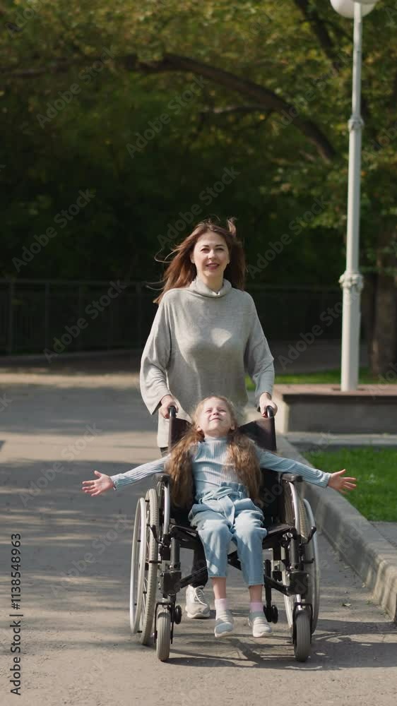 Happy mother pushes daughter in wheelchair running on pavement in city park. Woman and little girl with spinal paralysis enjoy sunny spring day Happy mother pushes daughter in wheelchair running on pavement in city park. Woman and little girl with spinal paralysis enjoy sunny spring day