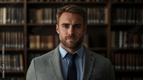 Confident young man in formal attire stands in front of a library filled with books, conveying professionalism and knowledge