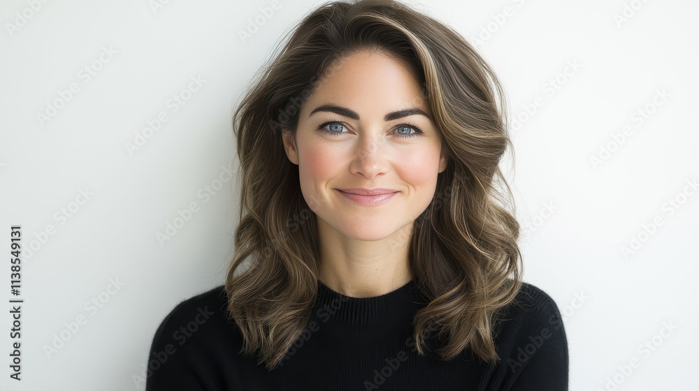 A woman with long, wavy hair and a bright smile poses confidently indoors, wearing a black sweater. Her expression conveys warmth and friendliness, creating an inviting atmosphere A woman with long, wavy hair and a bright smile poses confidently indoors, wearing a black sweater. Her expression conveys warmth and friendliness, creating an inviting atmosphere