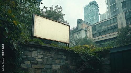 Overgrown urban setting with blank billboard surrounded by greenery and tall buildings in misty atmosphere photo