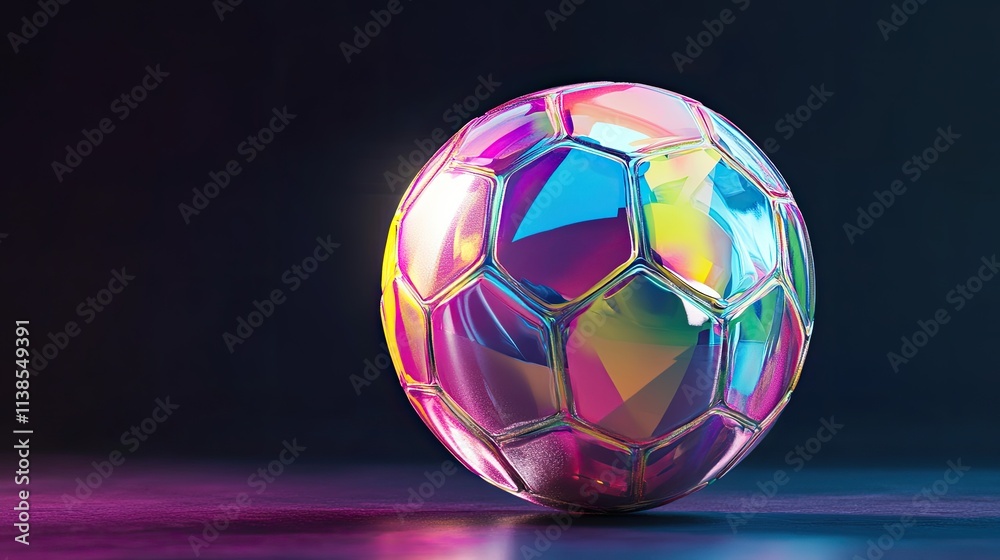 Naklejka premium A sports ball with vibrant colors hovering on a solid black background, illuminated with sharp contrasts.