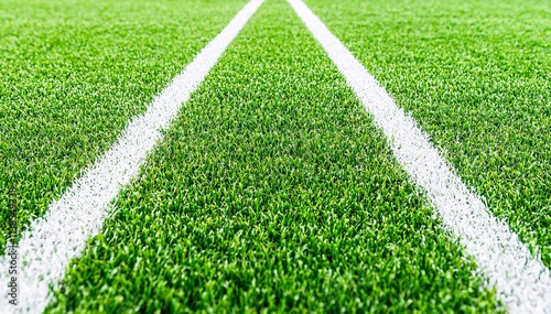 Close-up of a green field with white lines painted on green artificial turf.
