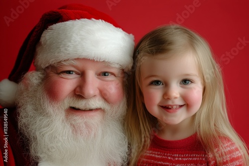 Isolated white toddler girl in festive knee on red background. Cheerful festive season, pretty toddler girl! copy space. Christmas cute family. Cute family santa portrait. Christmas santa la. photo