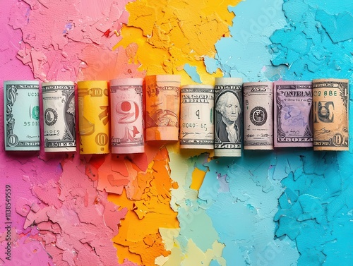 Diverse currencies, exchange counters, vibrant watercolor details