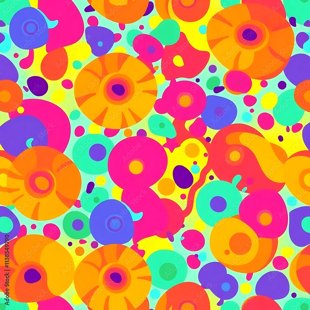 Naklejka premium Vibrant Abstract Circles Seamless Pattern: This psychedelic pattern is a joyful explosion of color and playful shapes. It's perfect for adding a touch of whimsy and energy to any design.