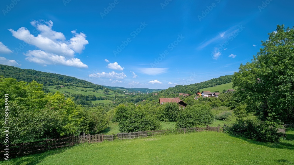 Scenic View of Lush Green Valley Under Bright Blue Sky with White Clouds