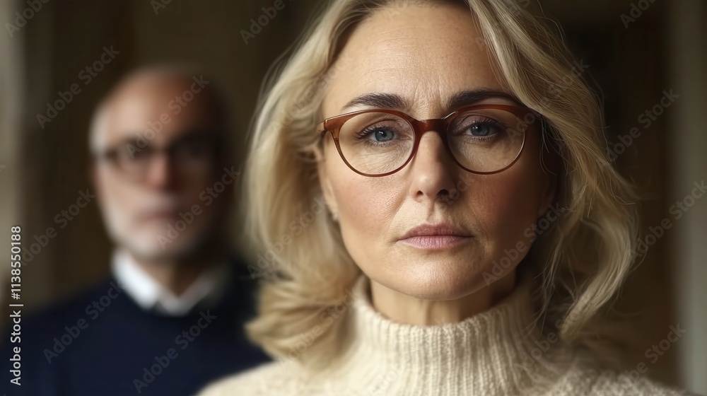 A middle-aged woman is captured with a direct gaze while wearing glasses and a cozy sweater. An older man stands behind her, creating a contrast in their expressions and attire A middle-aged woman is captured with a direct gaze while wearing glasses and a cozy sweater. An older man stands behind her, creating a contrast in their expressions and attire