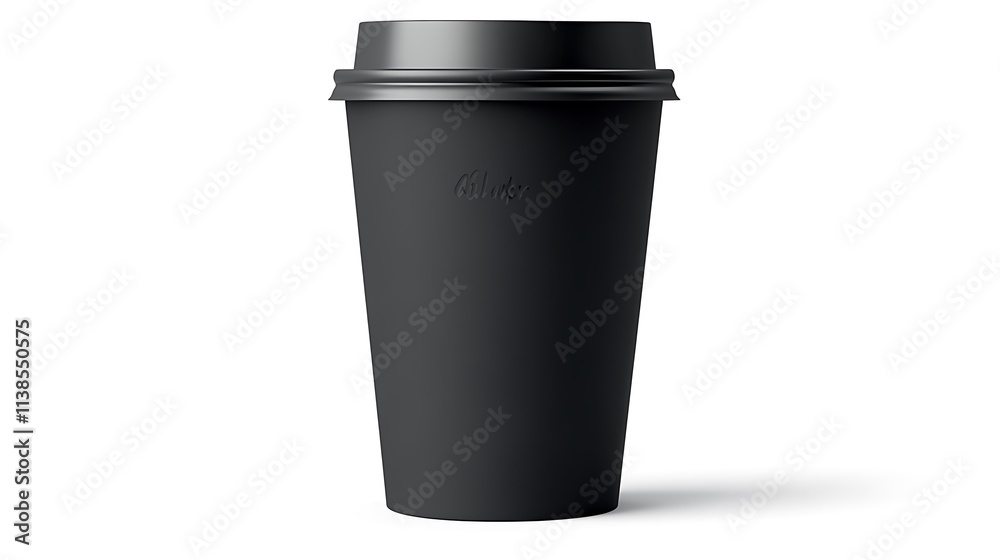A plain matte black medium-sized takeaway coffee cup isolated on a white background featuring a smooth closed lid, mockup template side view. A plain matte black medium-sized takeaway coffee cup isolated on a white background featuring a smooth closed lid, mockup template side view.