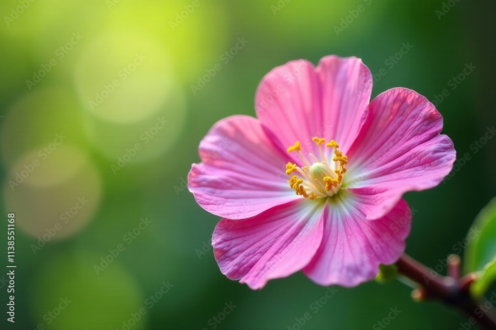 Fototapeta premium A delicate flower on a crumpled pink petal pad, branch, organic