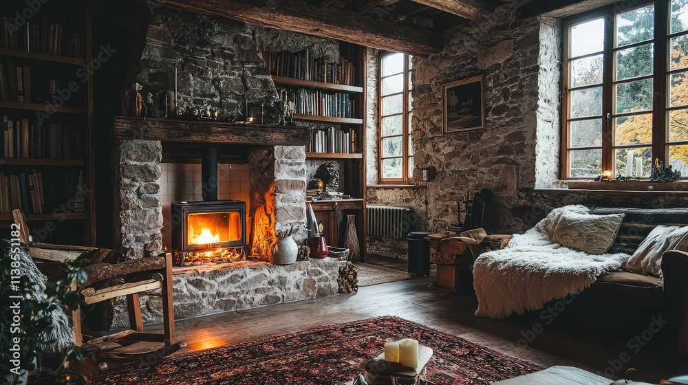 Cozy rustic living room with a warm fireplace, stone walls, wooden beams, and a rustic ambiance creating a perfect retreat in nature's embrace