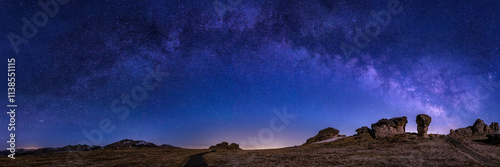 Moonlit Mushrom Rocks Mily Way Panorama